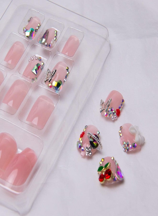TOGZOM French Tip Press on Nails Short Square Fake Nails Rhinestone Acrylic Nails Glossy Nude Pink False Nails with Designs Bow Butterfly Charm Glue on Artificial Nails for Women Manicure Art Decoration - Image 5
